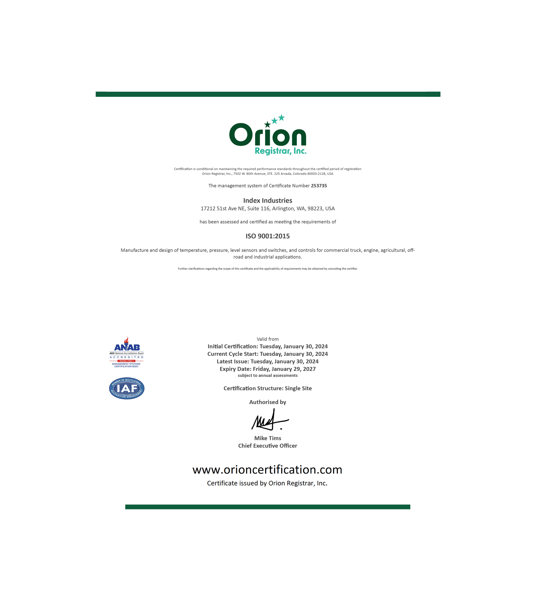 253735 - Index Industries - ISO 9001 - Orion Registrar, Inc. Certificate-01-1